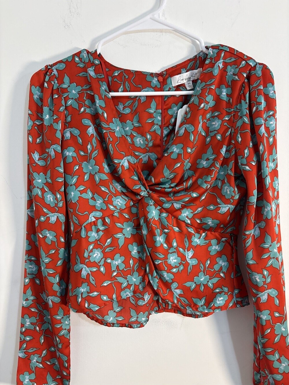 Love, Whit Whitney Port Twist Front Floral Crop Top Satin Red Turquoise XS NWT
